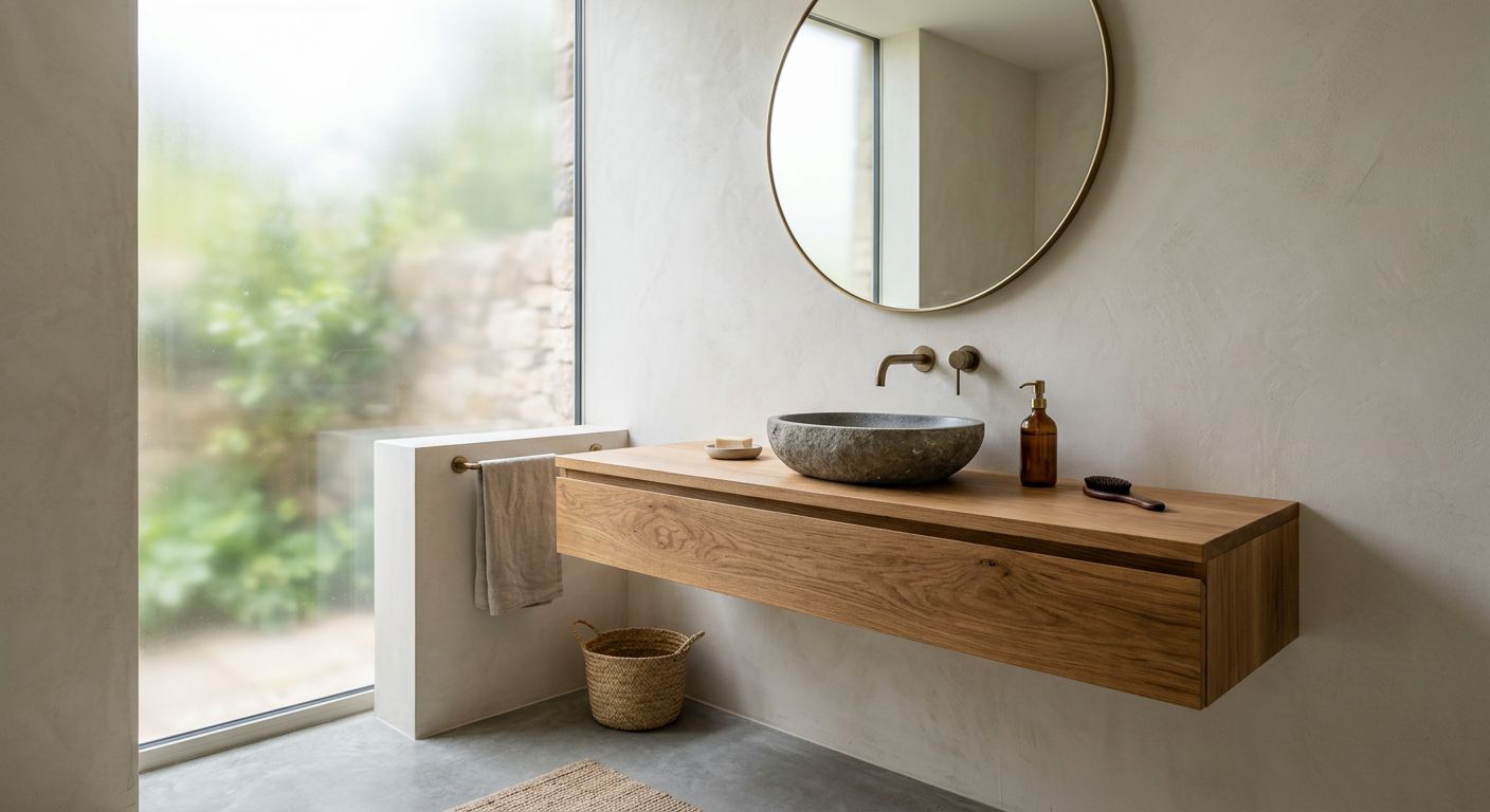 Mobile bagno sospeso in legno con lavabo in pietra