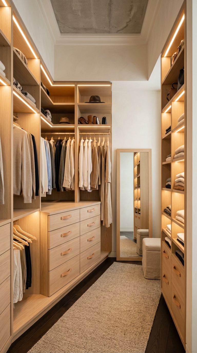 Cabina armadio in rovere chiaro con cassettiere