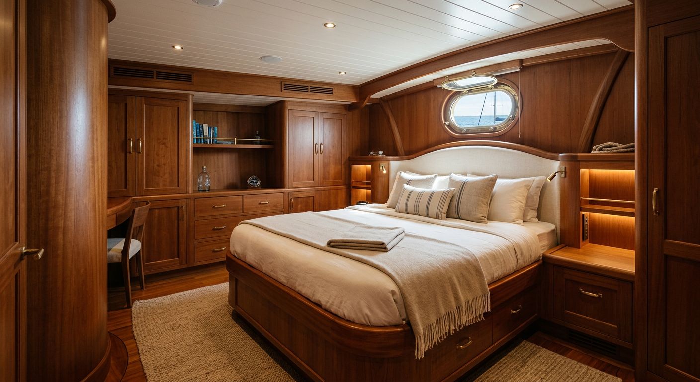 Cabina armatoriale con letto e testiera in legno