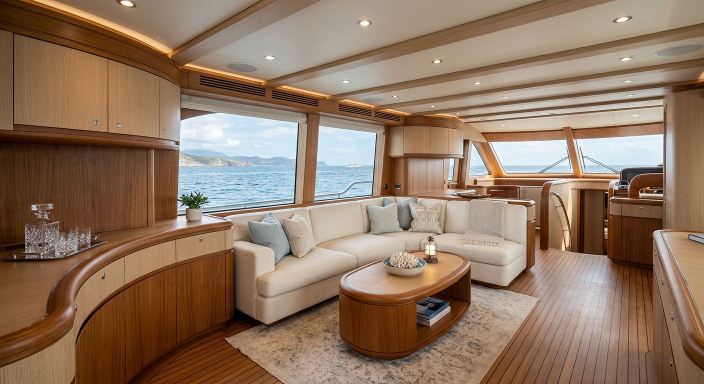 Salone di uno yacht con arredi in legno su misura