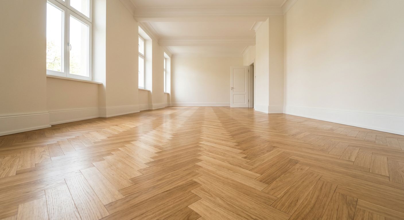 Pavimento in legno chiaro a spina di pesce in una stanza luminosa