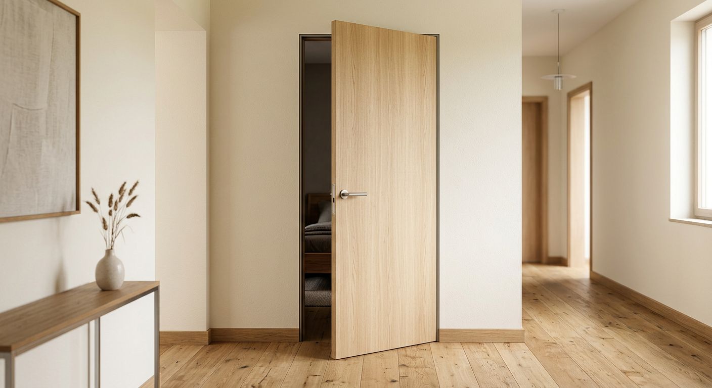 Porta interna in legno chiaro installata in un corridoio